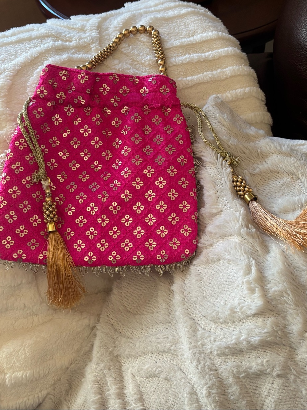 Ethnic Indian Wear Hot Pink Embellished Evening Potli with Gold Tassels
